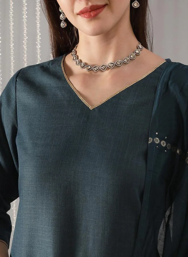 Globus  Women Teal Woven Straight Kurta with Pant and Matching Dupatta Set for Women | Best Price UAE